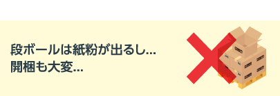 段ボールは紙粉が出るし開梱も大変…